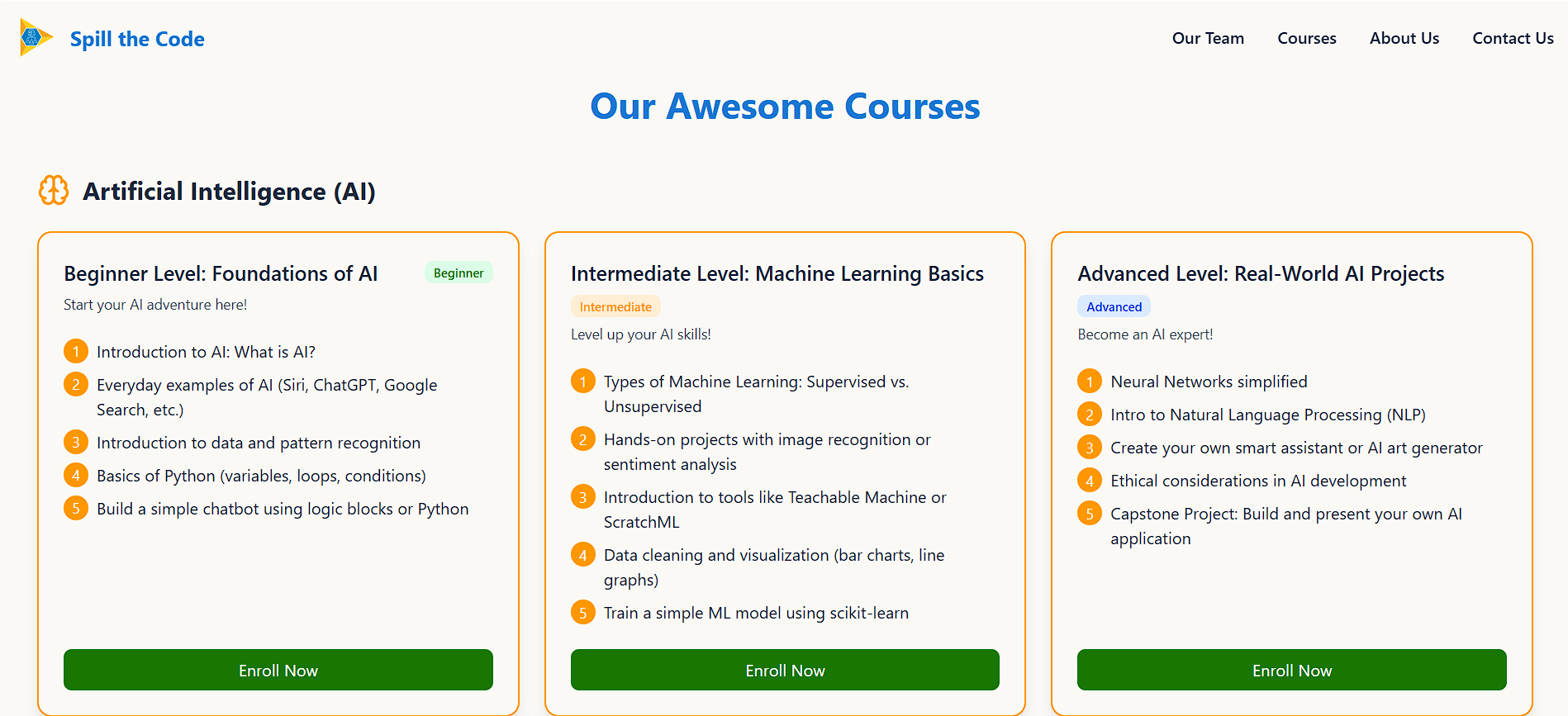 Spill The Code courses section
